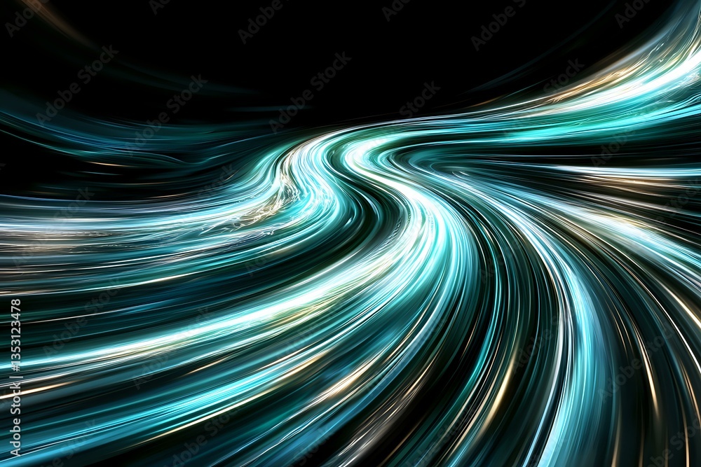Poster dynamic swirling light trails in turquoise and white create abstract flowing motion effect against b