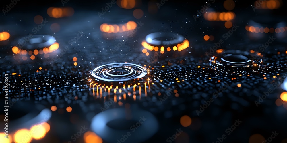 Poster glowing mechanical gears with orange light reflections on dark textured surface create futuristic in