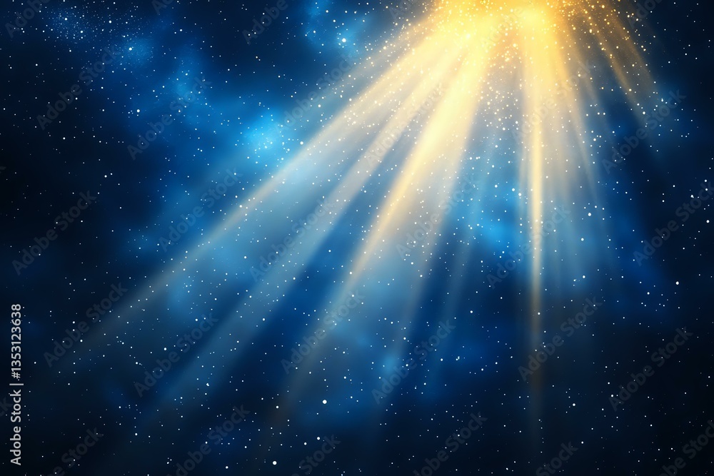 Poster magical golden light rays breaking through dark blue cosmic space with glowing particles and stars, 