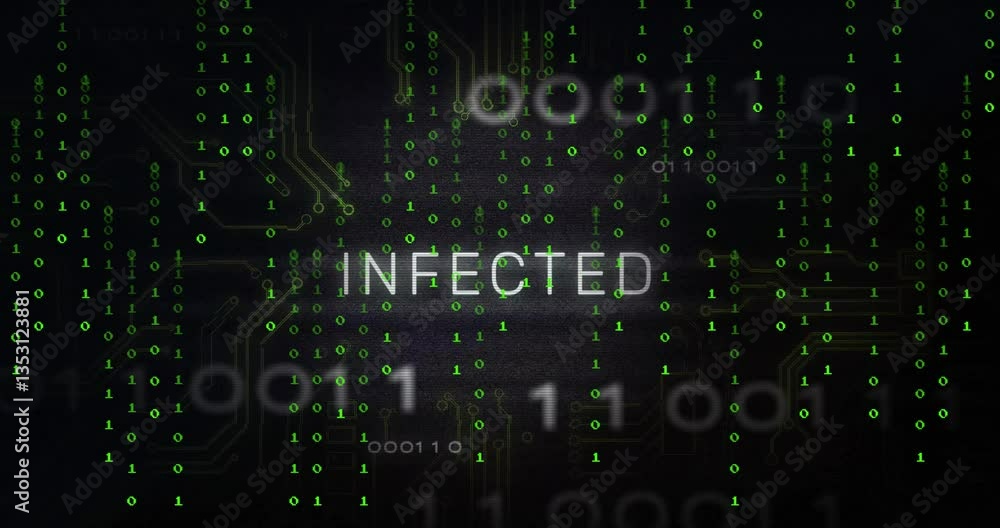 Poster digital theme animation with binary code and circuit patterns showing infected text