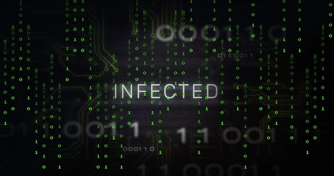 Digital theme animation with binary code and circuit patterns showing INFECTED text