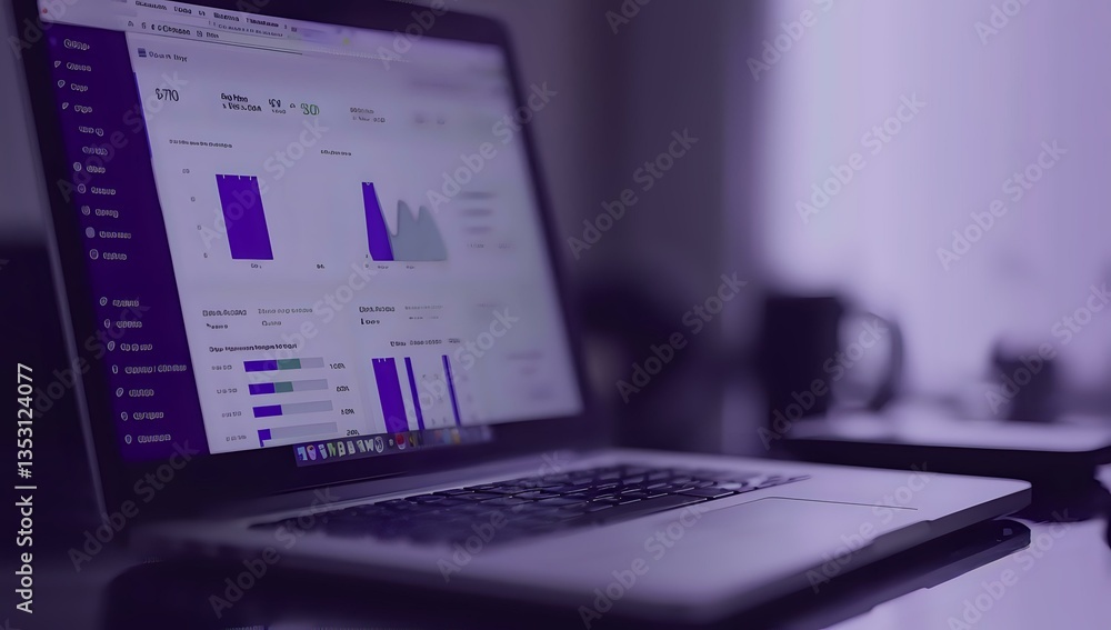 Poster modern laptop displaying analytics dashboard with purple graphs and charts on screen, workspace sett