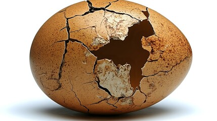 Cracked brown egg shell with dark hole and fragments on white background, isolated macro photography showing texture and details of broken eggshell surface.