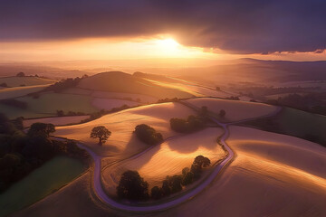 Fototapeta premium Sunset over rolling hills, winding road, aerial view, farmland