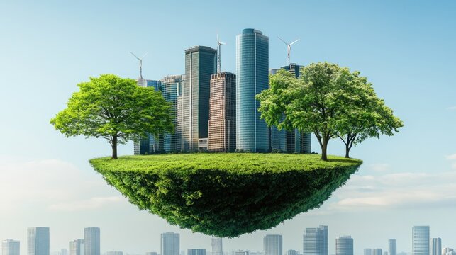 A floating island with green skyscrapers powered by renewable energy, symbolizing sustainable success.