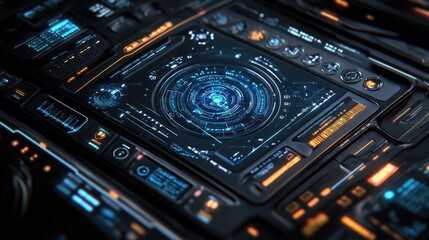 Obraz premium A futuristic AI-driven control center visualizing hyperautomation workflows with neural network overlays and data streams.