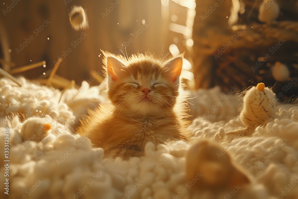 Poster sleepy ginger kitten lying in soft white feathers backlit by warm sunlight, creating magical atmosph