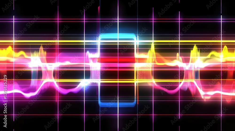 Poster a futuristic ai-powered sound analysis system with glowing waveforms in a digital grid.