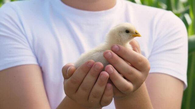 Boy male kid hands holding cute little yellow chick small chicken outdoor greenery park closeup. Teen child arms with adorable funny baby poultry fowl farming and agriculture summer countryside