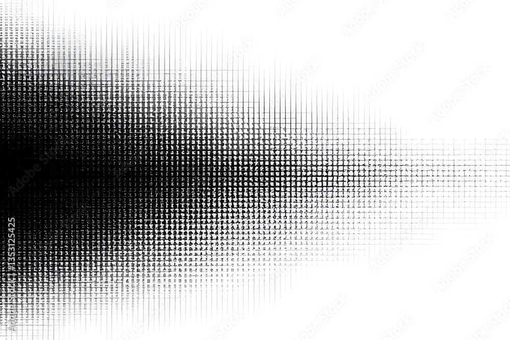 Poster a mesmerizing grayscale abstract design, a flowing wave of tiny squares transitioning from deep blac