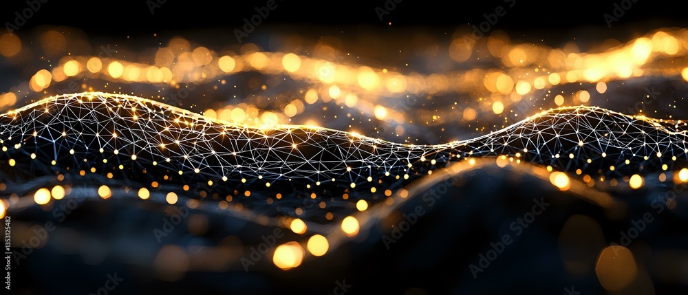 Poster abstract network visualization with glowing golden particles and bokeh lights forming wave-like stru
