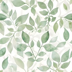 Seamless pattern with watercolor green leaves on white background. Botanical print for wallpaper, textile, or stationery design. Nature-inspired repeating motif with copy space