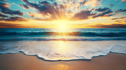 Fototapeta premium Ocean sunset beach waves; calm tranquil scene, travel poster