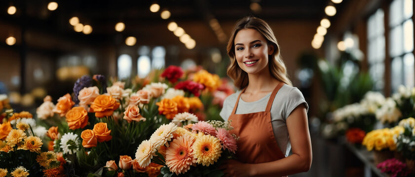 Young Caucasian florist smiling in a flower shop full of colored blooms, holds a bouquet of fresh flowers in his hand.