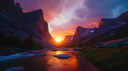 Sunset over mountain valley river