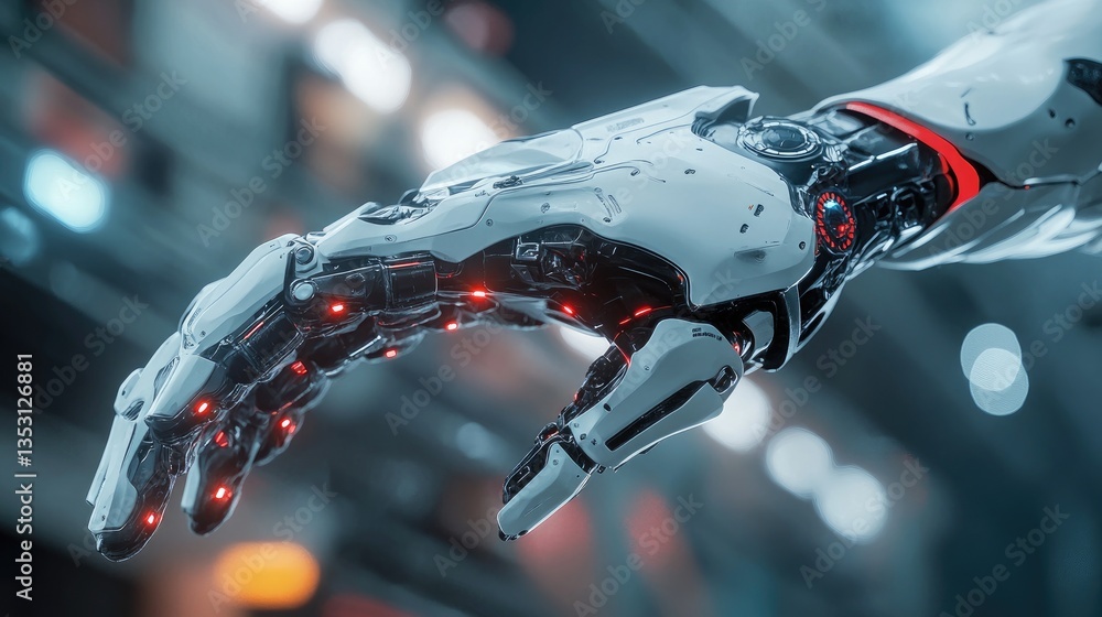 Poster a futuristic robotic arm powered by ai-driven hyperautomation in a next-gen industrial setup.