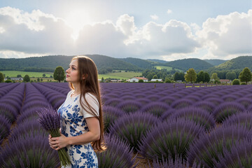 Sunset in Lavender Field: Woman with lavender, warm light, peaceful landscape with hills, harmony...