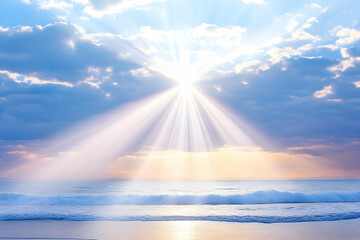 Peaceful ocean sunrise, sun rays breaking through clouds