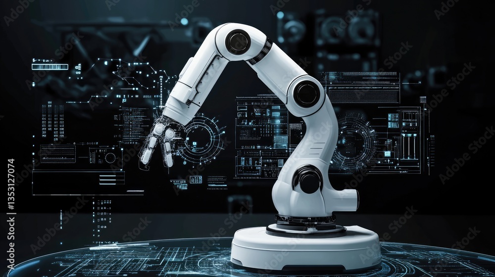 Poster a futuristic robotic arm using mechanical energy for precise industrial automation.