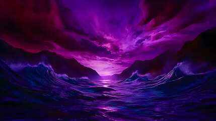 Purple sunset over ocean waves, mountains; fantasy landscape, game background