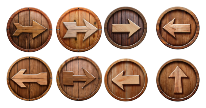 Vintage Wooden Arrow Signs with Various Directions on Round Planks, Bundle Set Collection, Isolated on Transparent Background