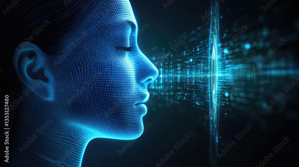 Poster a futuristic visualization of voice recognition technology decoding sound energy.