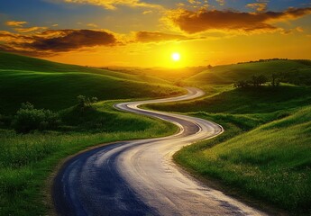 Fototapeta premium Winding Country Road at Sunset with Golden Light