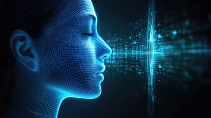 A futuristic visualization of voice recognition technology decoding sound energy.