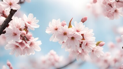 Close-up delicate pink cherry blossoms blooming against a soft blue sky.