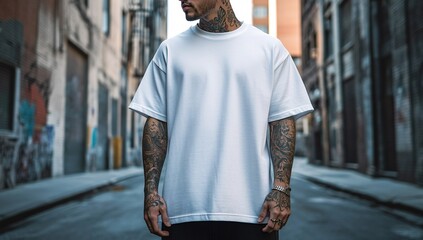 white tshirt mockup, the model is stylish man with arm tatoo