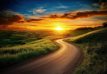 Naklejka premium Vibrant Sunset Over Rolling Hills and Winding Country Road