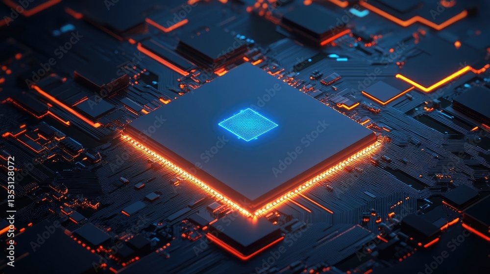 Poster a glowing ai processor chip integrated with hyperautomation icons and real-time machine learning upd
