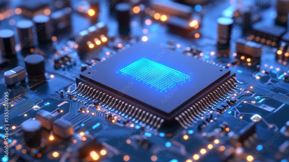 Poster a glowing ai processor chip integrated with hyperautomation icons and real-time machine learning upd