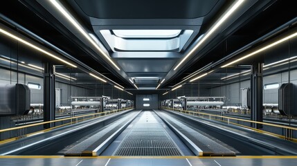 Futuristic Industrial Corridor SciFi Factory Interior.