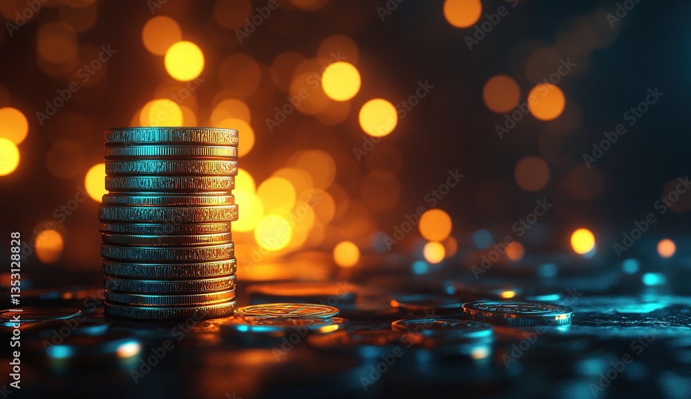 Poster stack of golden coins on dark background with bokeh lights