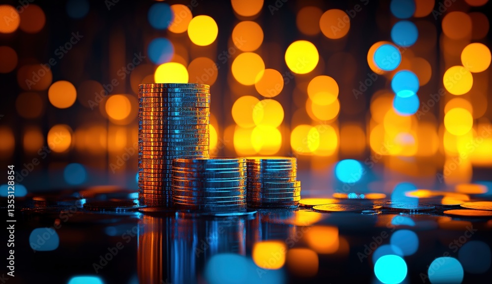 Poster stacks of golden coins with bright bokeh background