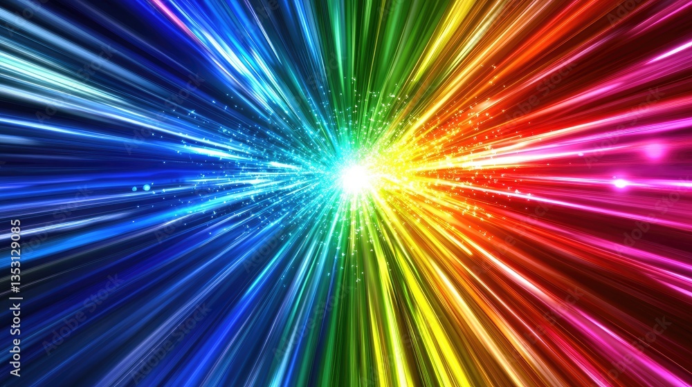 Poster a high-speed light particle traveling through a prism, splitting into multiple vibrant colors.