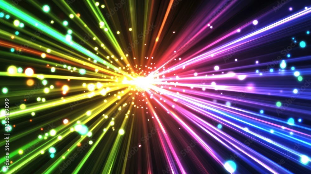 Poster a high-speed light particle traveling through a prism, splitting into multiple vibrant colors.