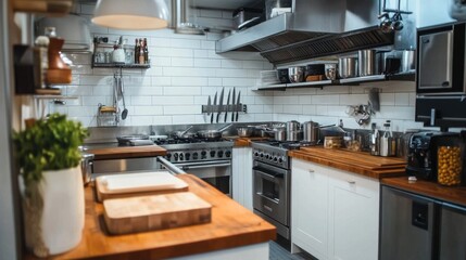 Fototapeta premium Scandinavian-style kitchen with white cabinets, wooden countertops, and cozy decor.