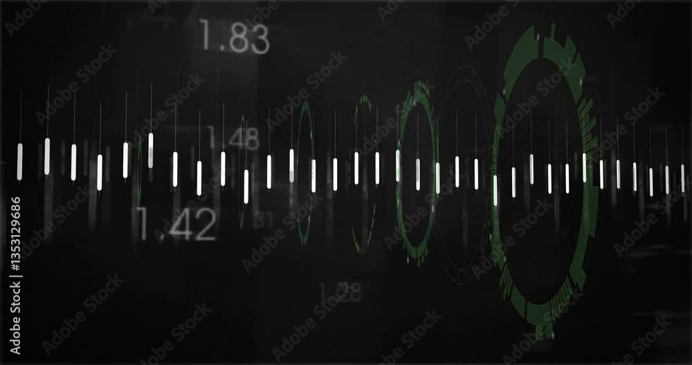 Poster abstract animation with numerical data and green waveforms on dark background