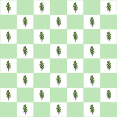 Seamless Leaf Pattern on Green and White Checkered Background