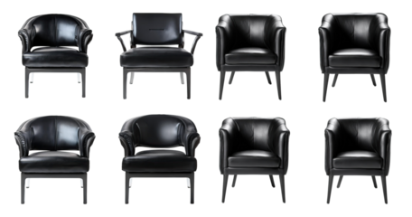 Elegant Black Leather Armchairs in Stylish Arrangement for Modern Spaces, PNG bundle collection, Isolated on Transparent Background