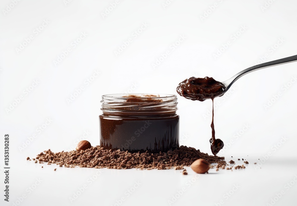 Poster smooth and rich chocolate spread in jar on white background surrounded by cocoa powder and hazelnuts
