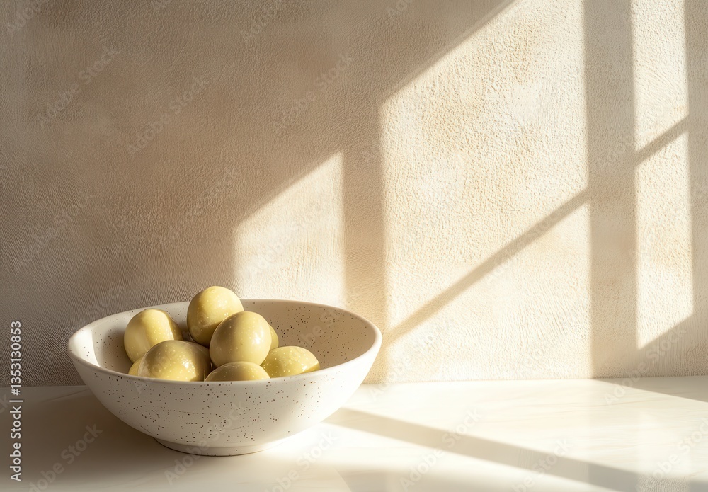 Aufkleber soft morning light on bowl of organic eggs with textured background and diagonal shadows creating a 