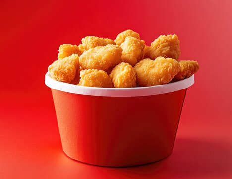 Crispy fried food in a red container.  A heap of golden-brown, bite-sized pieces of fried food are nestled in a red cardboard container.  The food appears delicious and ready to eat