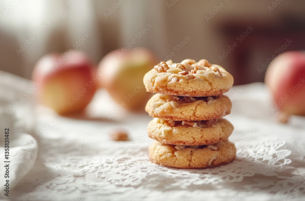 Poster stacked homemade cookies on light background with fresh apples in a cozy kitchen setting creating a 