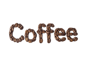 The word "coffee" made of coffee beans on a white background, png