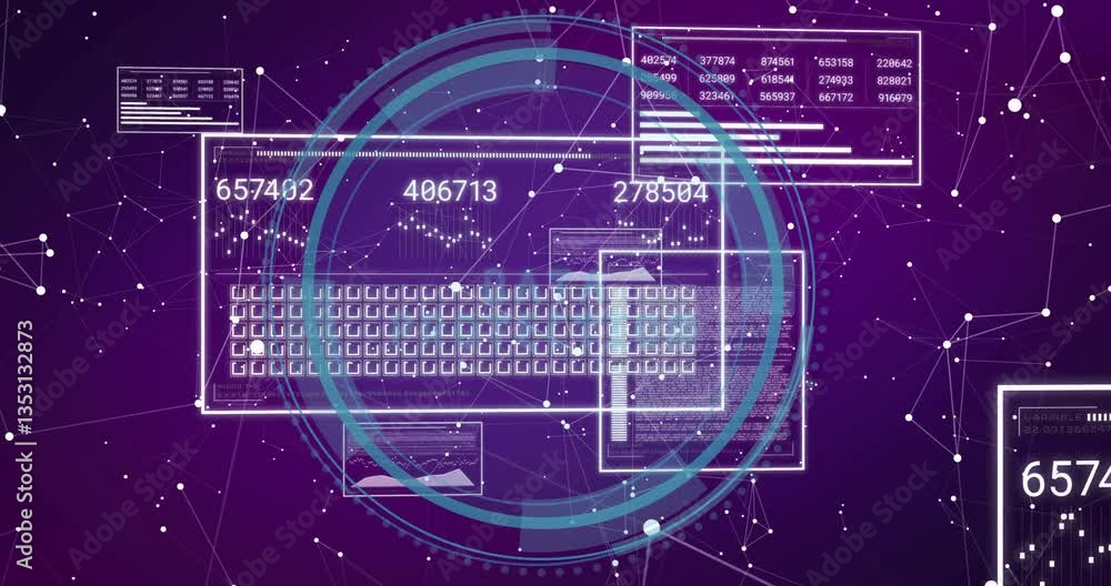 Poster digital data processing animation with numbers and keyboard over purple background