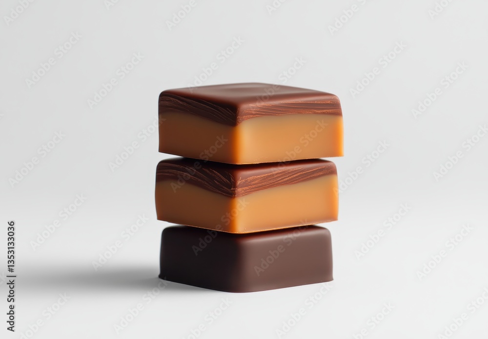 Poster three layered gourmet chocolates stacked on each other with smooth texture and rich color displaying