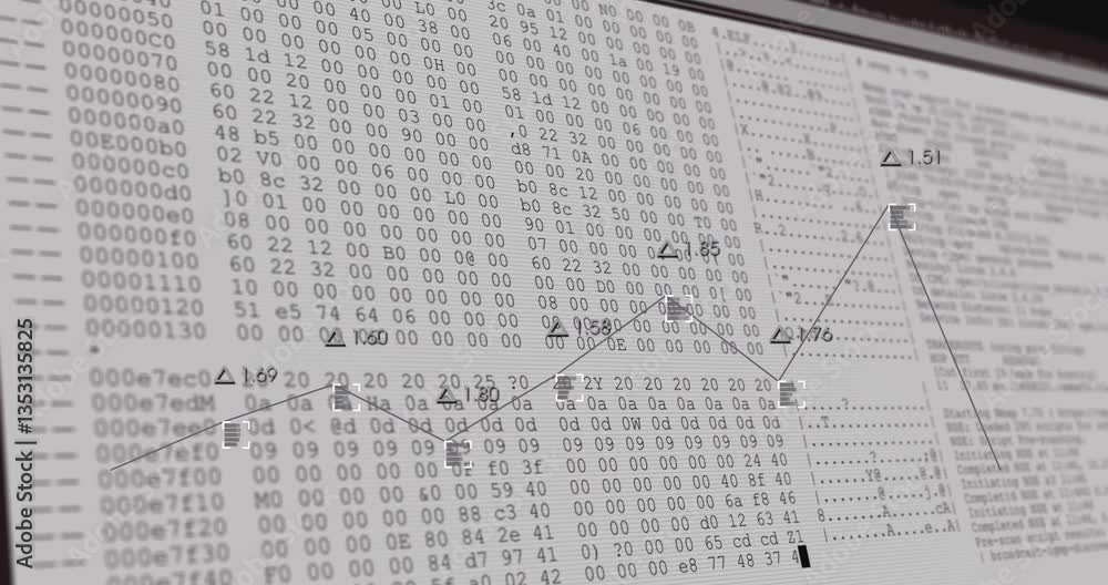 Poster financial analysis on computer screen with binary code and data chart animation